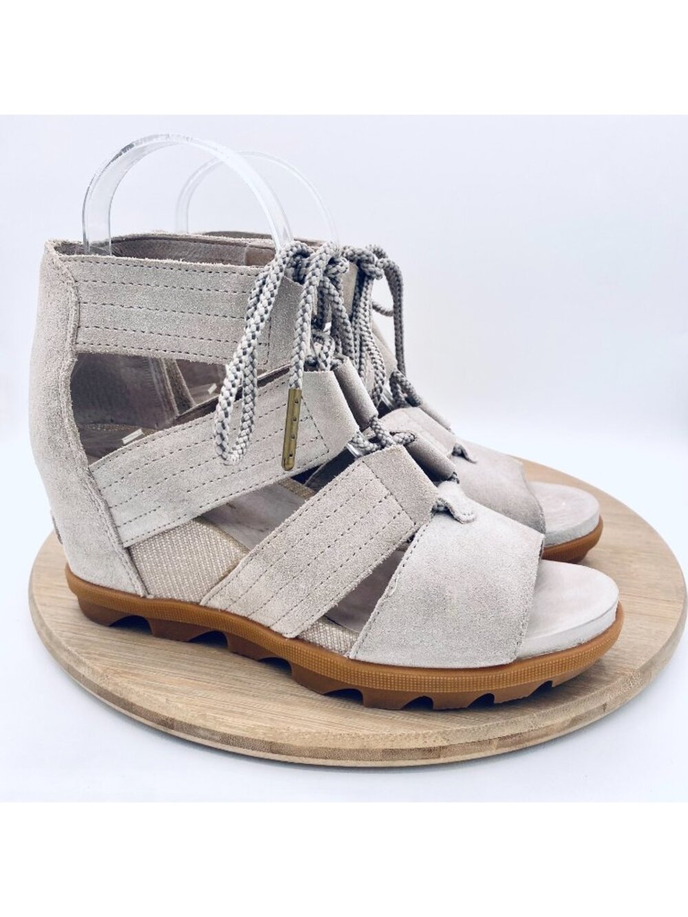 Sorel Sandals Womens 8 Gray Suede Lace Up Joanie II Sporty Wedge Peep